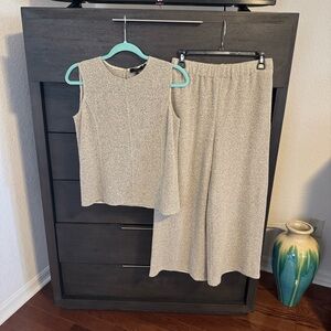 Theory Textured Beige seamed shell top and wide legged pants set